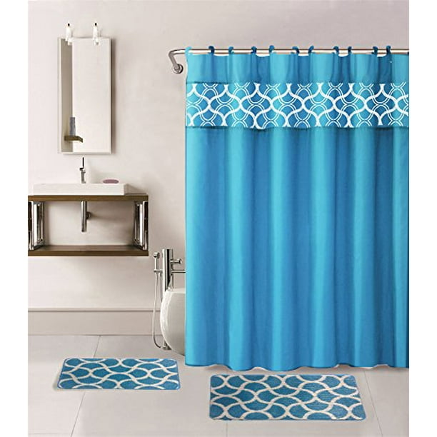 2 Memory Foam Mats & Matching Shower Curtain-Light Blue Bathroom Set 15 Pc